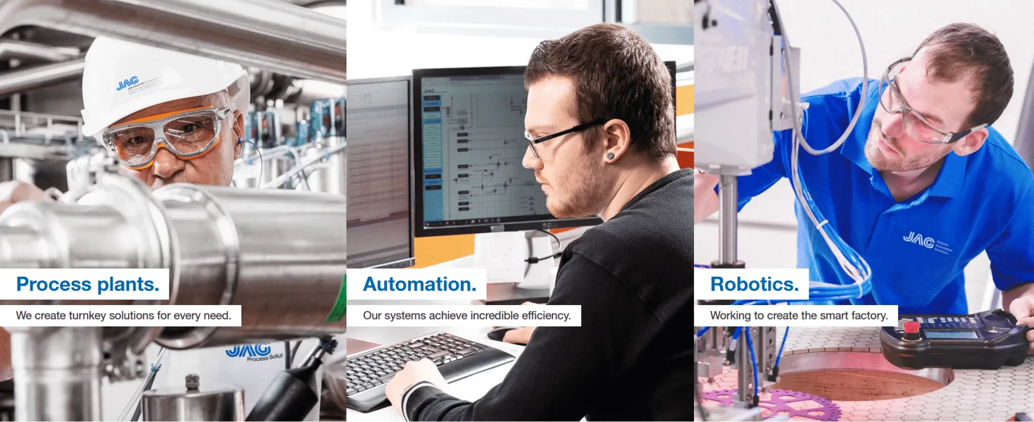 Three-panel industrial scene: left, engineer in hard hat inspects stainless process piping; center, developer programs automation on dual monitors; right, technician adjusts robotic equipment with handheld controller. Emphasizes process plants, automation, and robotics for smart factory solutions.