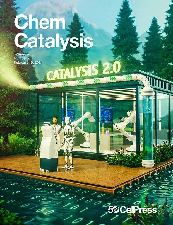 Futuristic outdoor lab labeled Catalysis 2.0 in a forest. A researcher and humanoid robot use a kiosk while robotic arms work inside. Data stream flooring and glass pavilion suggest AI-driven chemical catalysis; magazine cover reads Chem Catalysis.