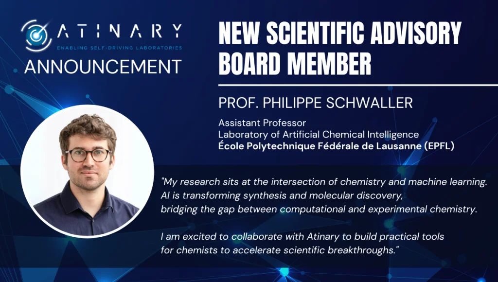 Atinary banner announcing a new scientific advisory board member. Left: headshot of a man with glasses. Right: text highlighting AI and chemistry research, synthesis and discovery, and collaboration to build tools for chemists; mentions assistant professor at EPFL.