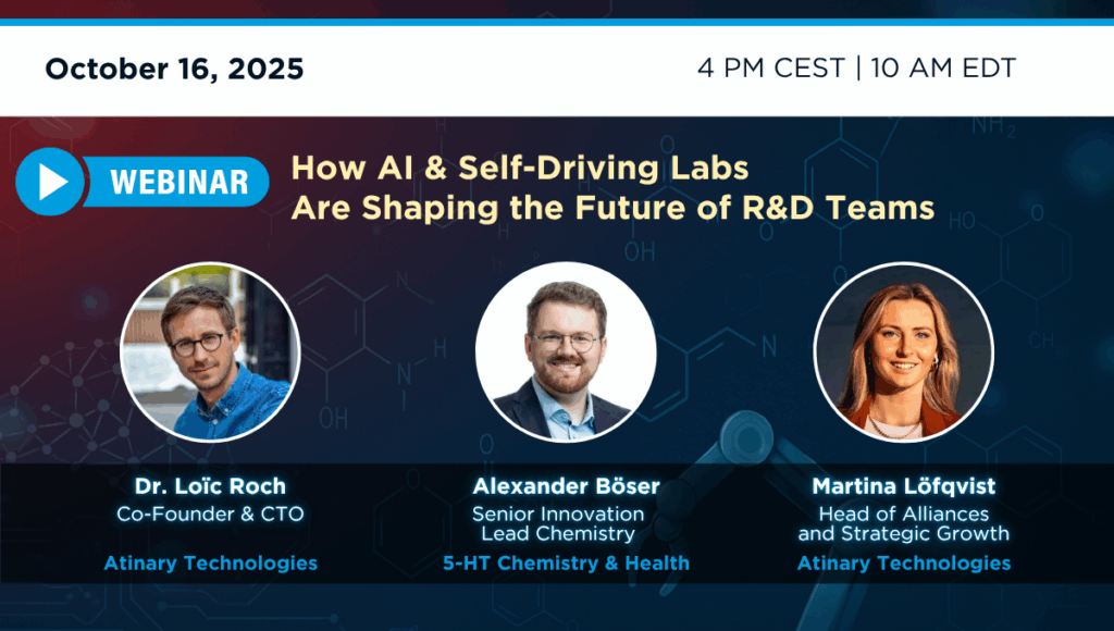 Visual banner promoting webinar ‘[Webinar Title]’ on [Date] at [Time]. Includes headshots of speakers [Name, Title, Company] and [Name, Title, Company]. Organized by [Your Company]. Bold text highlights topic on AI & self-driving labs shaping R&D.