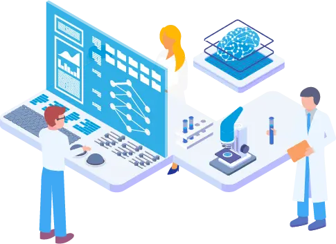 scientists in lab coats using a large digital interface, a microscope, and test tubes for research