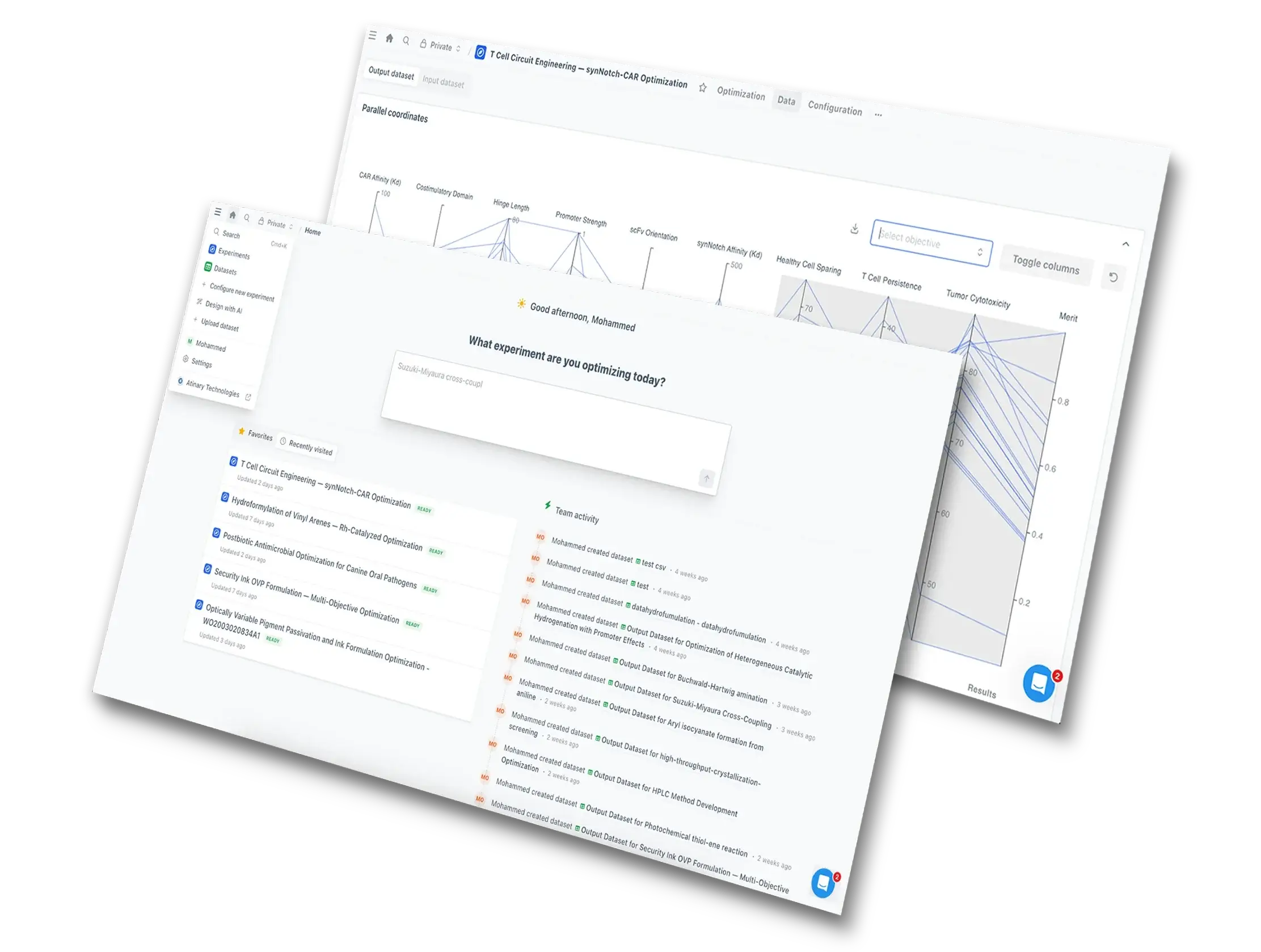 Two overlapping web app screens showing an experiment optimization dashboard with a parallel coordinates plot, search prompt, datasets list, and recent team activity feed. Interface suggests scientific or machine-learning optimization workflow.
