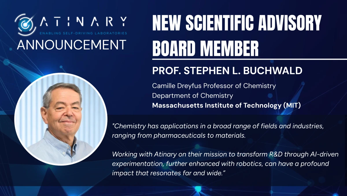 Dr. Stephen Buchwald, renowned MIT chemist, alongside a quote on working with Atinary on their mission to transform R&D through AI-driven experimentation.
