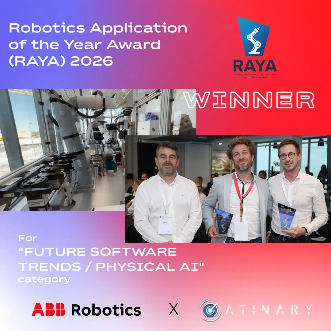 Graphic celebrating ABB Robotics and Atinary winning the 2026 Robotics Application of the Year Award (RAYA) in the "Future Software Trends / Physical AI" category, featuring an automated robotic arm in a Self-Driving Lab. Members holding award trophies.